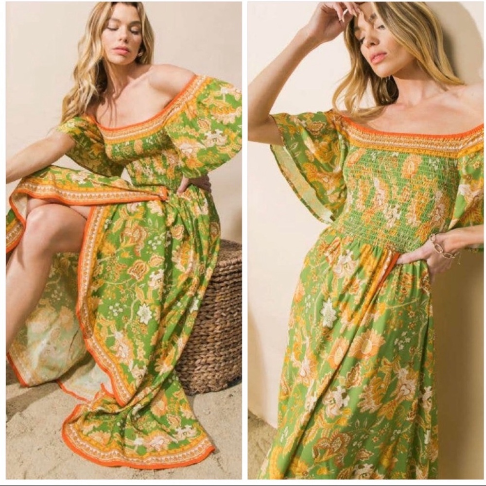 Off Shoulder Bohemian Tropical Print Maxi Dress - Picture 1 of 7